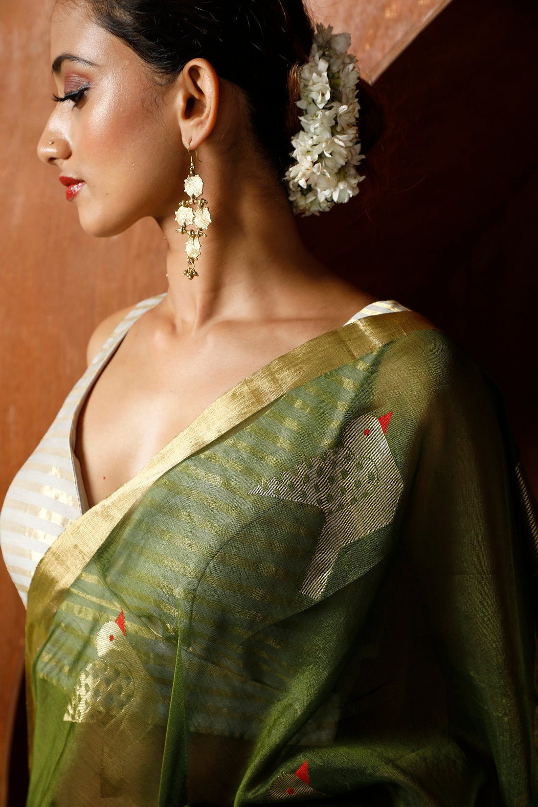 Handwoven Green & Gold Chanderi Saree