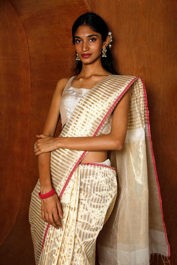 Handloom White & Gold Tissue Saree