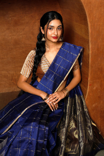 Handloom Chanderi Blue Check Saree