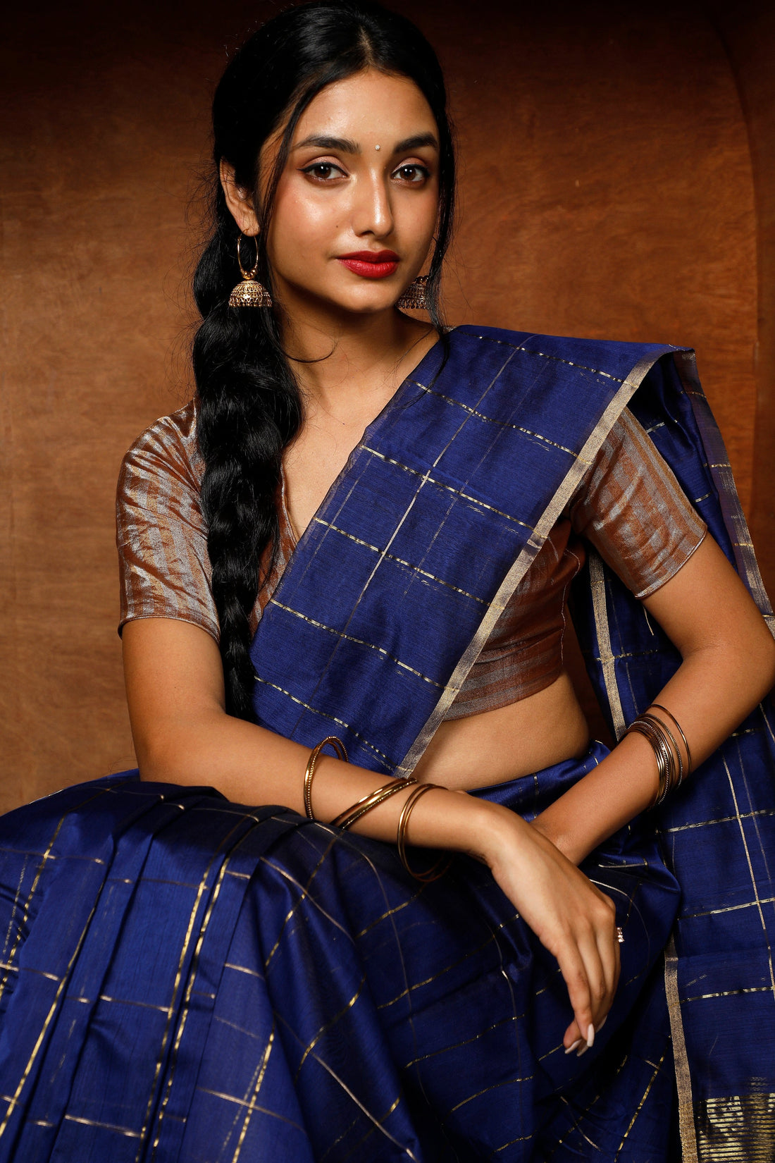 Handloom Chanderi Blue Check Saree