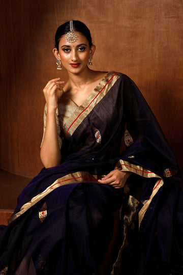 Handwoven Dark Blue Chanderi Saree