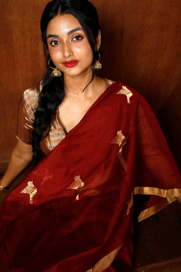 Handloom Red & Gold Chanderi Saree With Bird Motifs