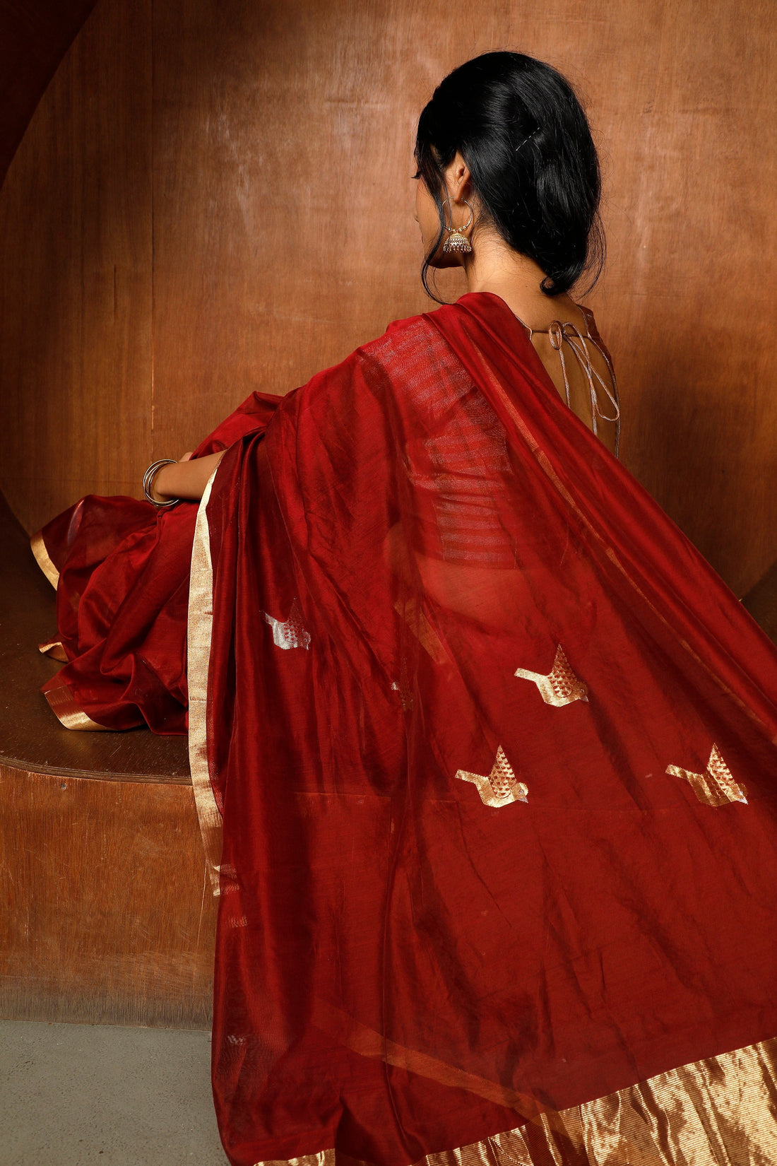 Handloom Red & Gold Chanderi Saree With Bird Motifs