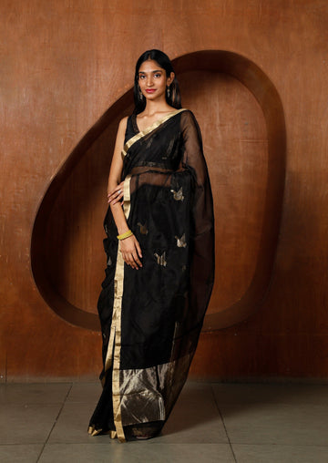 Handwoven Black Chanderi Saree With Bird Motifs