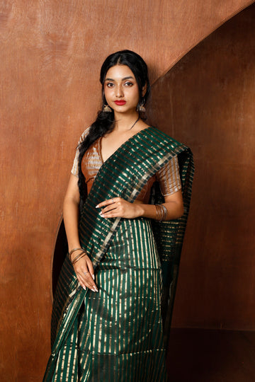 Handloom Green & Gold Maheshwari Saree