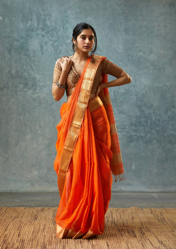 Handwoven Orange Maheshwari Tissue Silk Saree