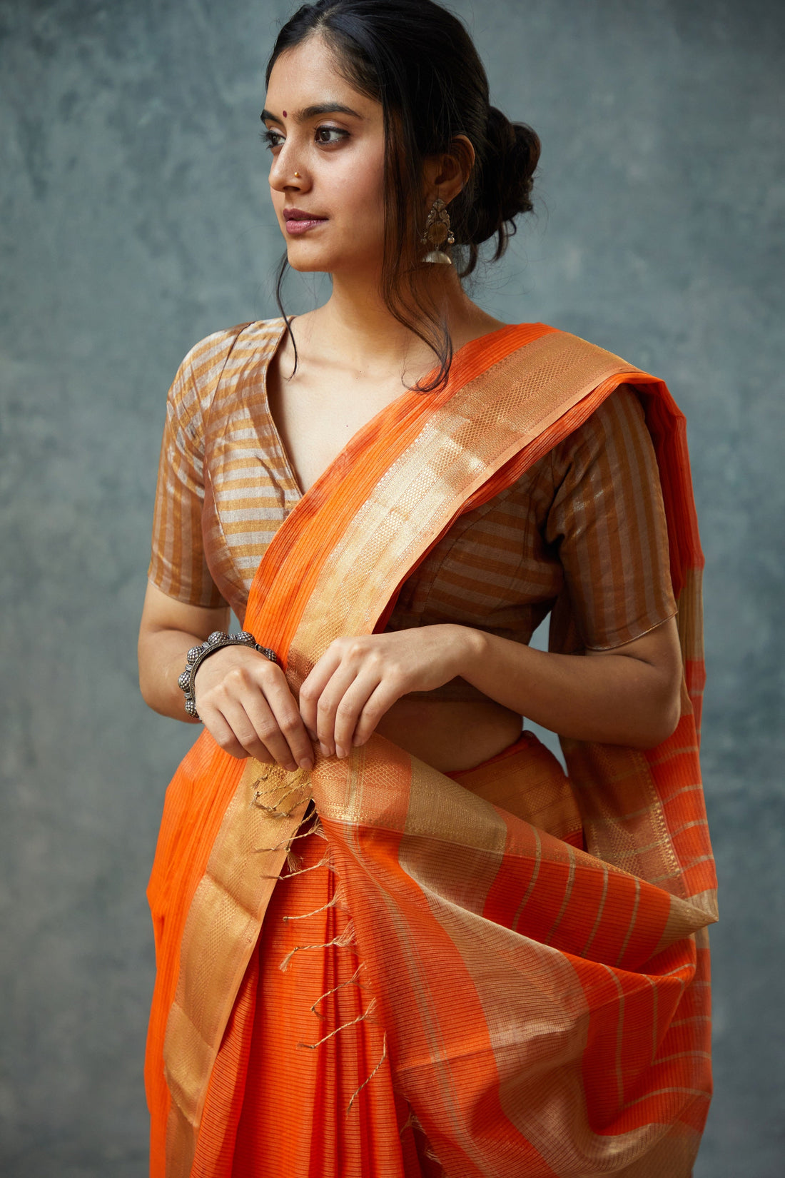 Handwoven Orange Maheshwari Tissue Silk Saree