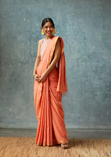 Handloom Orange Bengal Cotton Sequin Saree