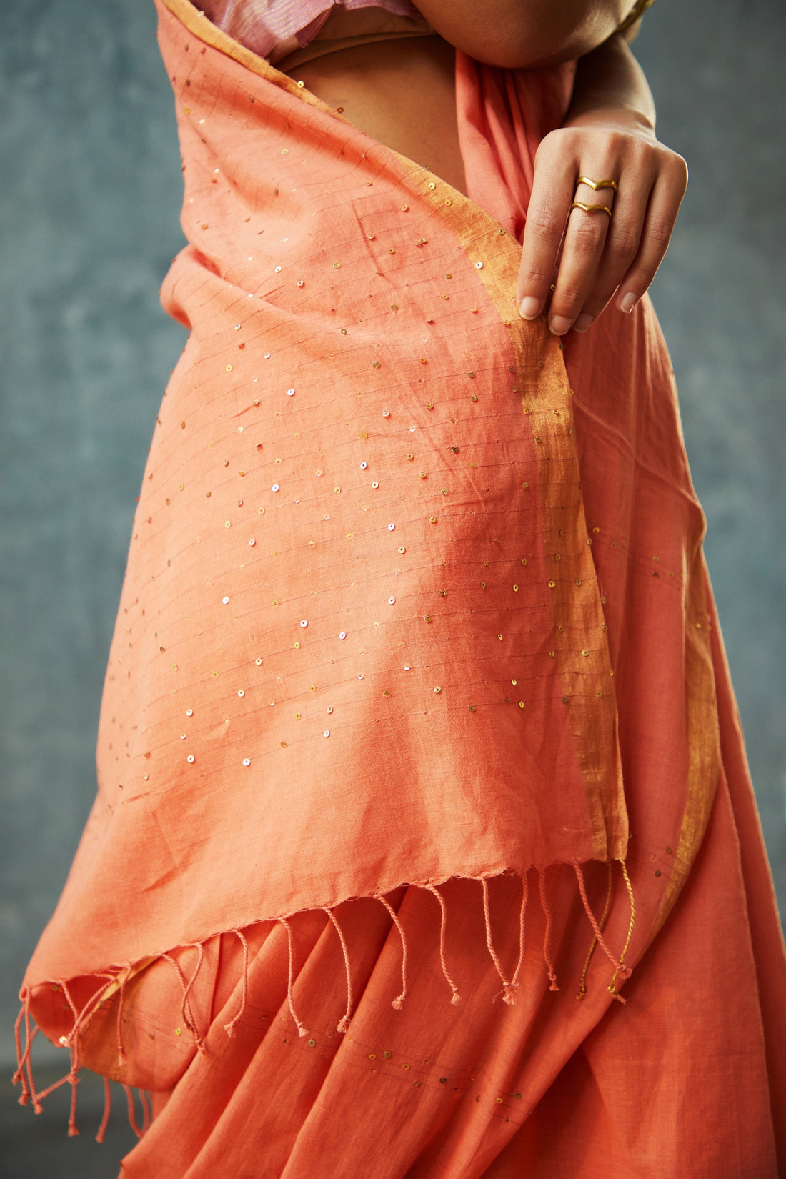 Handloom Orange Bengal Cotton Sequin Saree