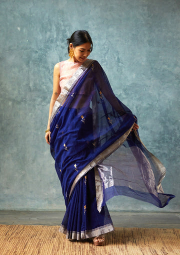 Handloom Blue Cotton Silk Tulip Chanderi Saree