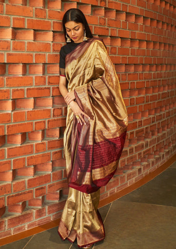 Handwoven Gold Striped Banarasi Saree