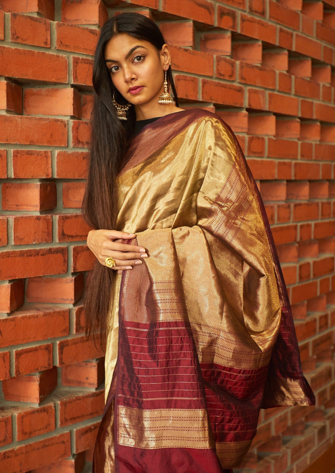 Handwoven Gold Striped Banarasi Saree