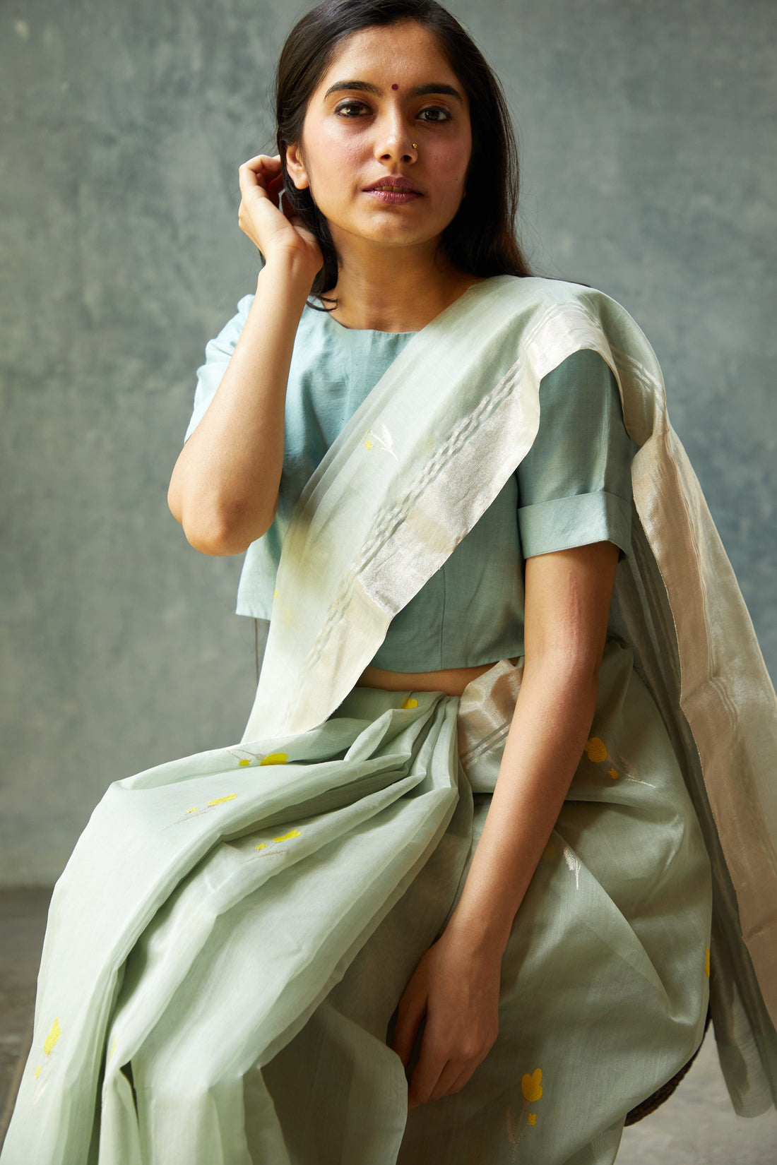 Handloom Mint Cotton Silk Tulip Chanderi Saree