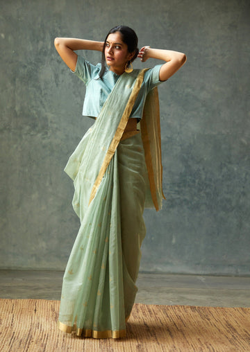 Handloom Green Cotton Silk Tulip Chanderi Saree