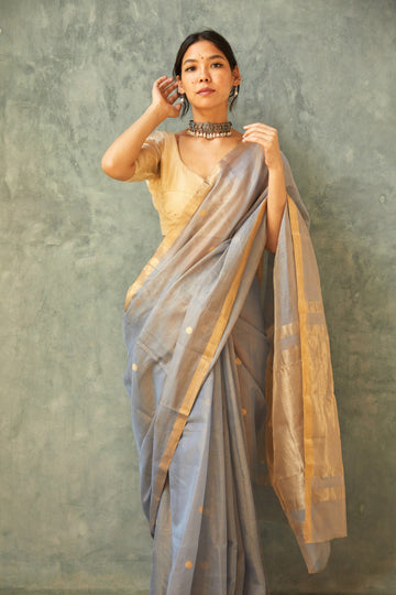 Handloom Grey Cotton Silk Chanderi Saree