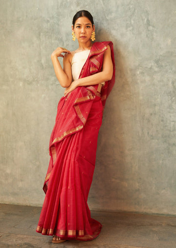 Handwoven Red & Gold Maheshwari Cotton Silk Saree