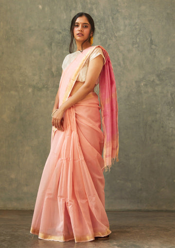 Handwoven Peach Maheshwari Cotton Silk Saree