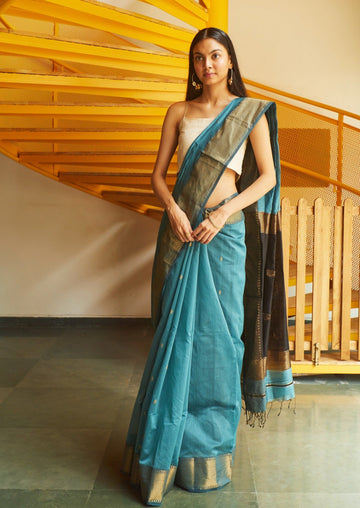 Handwoven Silk Cotton Teal Maheshwari Saree