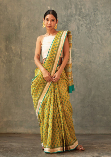 Handwoven Lemon Maheshwari Cotton Silk Saree