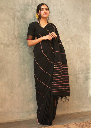 Handwoven Khesh Bengal Cotton Black Saree