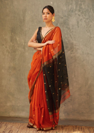 Handwoven Orange Maheshwari Tissue Silk Tulip Saree